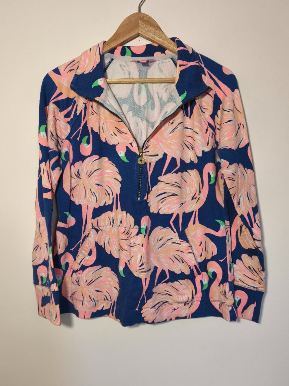 Lilly Pulitzer Skipper Popover Lemme See Some Leg Flamingo Print sz M Navy Pink